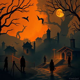 A complex visual representation of a village where the law operates fairly, showcasing a sense of searching and frightening nuances that depict the journey of seeking justice in the legal field