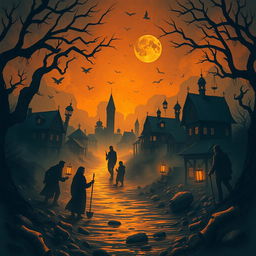 A complex visual representation of a village where the law operates fairly, showcasing a sense of searching and frightening nuances that depict the journey of seeking justice in the legal field