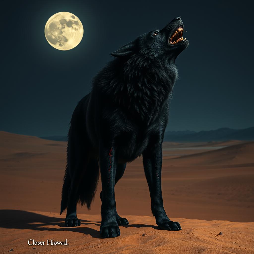 A powerful black alpha wolf standing on a vast desert landscape, howling up at the moon