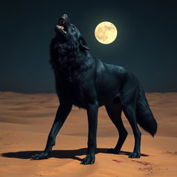 A powerful black alpha wolf standing on a vast desert landscape, howling up at the moon