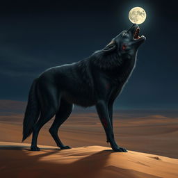A powerful black alpha wolf standing on a vast desert landscape, howling up at the moon