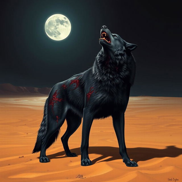 A powerful black alpha wolf standing on a vast desert landscape, howling up at the moon