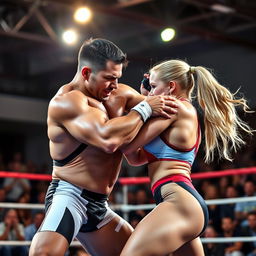 A dramatic scene of two athletes engaged in mixed wrestling, showcasing dynamic movement and athleticism