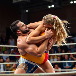A dramatic scene of two athletes engaged in mixed wrestling, showcasing dynamic movement and athleticism
