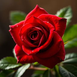 A stunning scarlet red rose with velvety petals, dew drops glistening on the surface, surrounded by lush green leaves