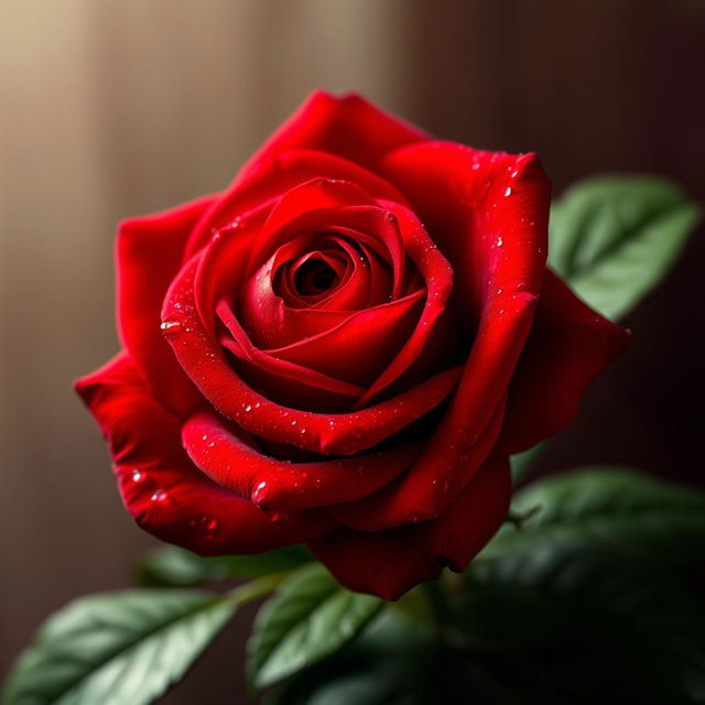 A stunning scarlet red rose with velvety petals, dew drops glistening on the surface, surrounded by lush green leaves