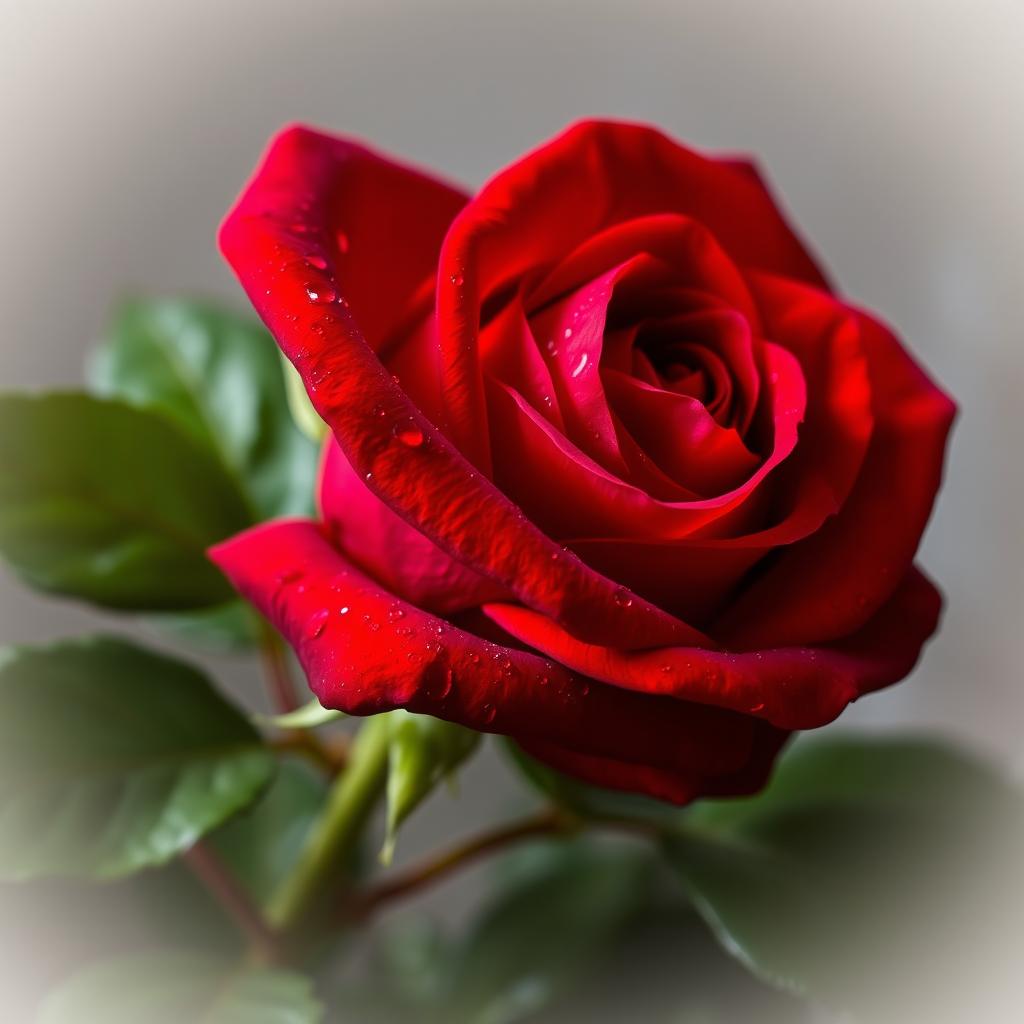 A stunning scarlet red rose with velvety petals, dew drops glistening on the surface, surrounded by lush green leaves