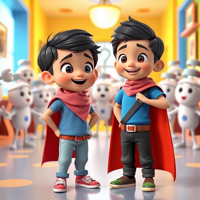 A lively 3D animated scene depicting two children, Pouya, a 9-year-old boy with black hair wearing a blue t-shirt, black pants, a brown belt, and a black cape, alongside Priya, an 8-year-old Iranian girl with a pink scarf, light blue pants, a red cape, and a green blouse