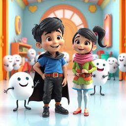 A lively 3D animated scene depicting two children, Pouya, a 9-year-old boy with black hair wearing a blue t-shirt, black pants, a brown belt, and a black cape, alongside Priya, an 8-year-old Iranian girl with a pink scarf, light blue pants, a red cape, and a green blouse