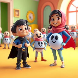 A lively 3D animated scene depicting two children, Pouya, a 9-year-old boy with black hair wearing a blue t-shirt, black pants, a brown belt, and a black cape, alongside Priya, an 8-year-old Iranian girl with a pink scarf, light blue pants, a red cape, and a green blouse