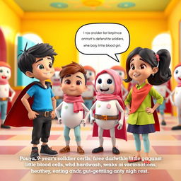 A lively 3D animated scene depicting two children, Pouya, a 9-year-old boy with black hair wearing a blue t-shirt, black pants, a brown belt, and a black cape, alongside Priya, an 8-year-old Iranian girl with a pink scarf, light blue pants, a red cape, and a green blouse