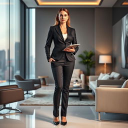 A full-length portrait of Marina Laswick in a fitted three-piece men's business suit, with tailored pants that hug her curves after gaining 40 pounds in her hips, legs, and thighs
