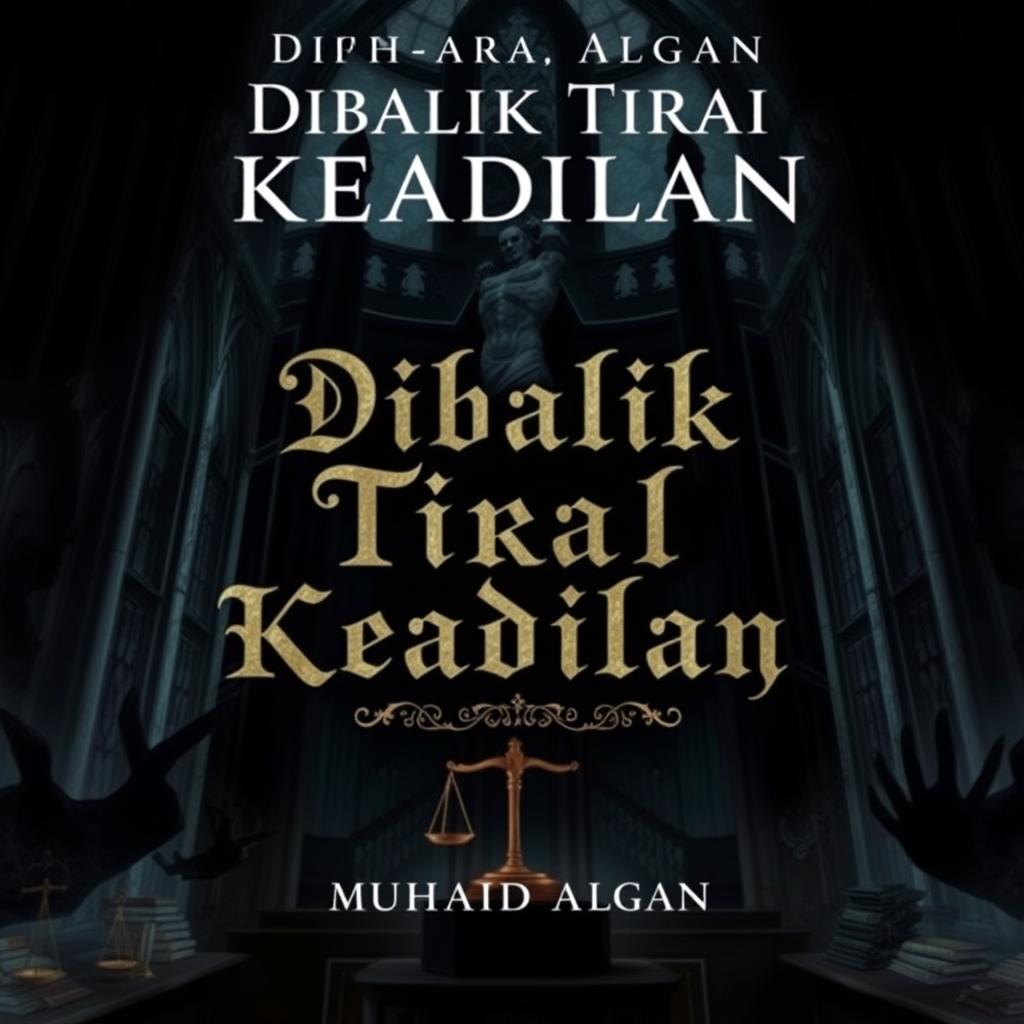 A complex and intricate digital illustration for the cover of a legal novel titled "Dibalik Tirai Keadilan" (Behind the Curtain of Justice) by Muhamad Algan