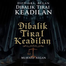 A complex and intricate digital illustration for the cover of a legal novel titled "Dibalik Tirai Keadilan" (Behind the Curtain of Justice) by Muhamad Algan