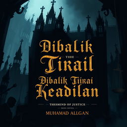 A complex and intricate digital illustration for the cover of a legal novel titled "Dibalik Tirai Keadilan" (Behind the Curtain of Justice) by Muhamad Algan