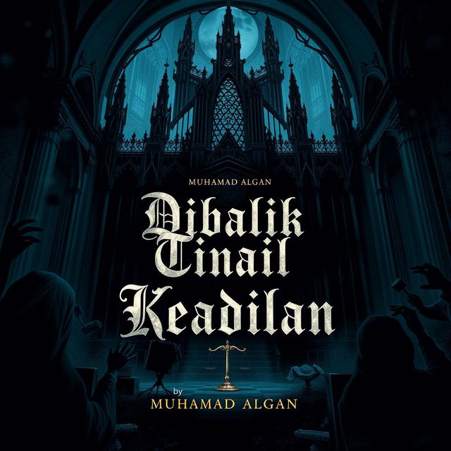 A complex and intricate digital illustration for the cover of a legal novel titled "Dibalik Tirai Keadilan" (Behind the Curtain of Justice) by Muhamad Algan