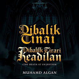 A complex and intricate digital illustration for the cover of a legal novel titled "Dibalik Tirai Keadilan" (Behind the Curtain of Justice) by Muhamad Algan