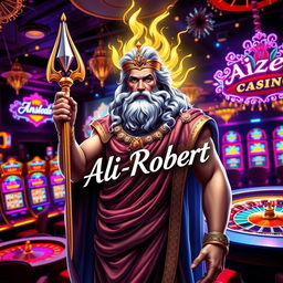 The Greek god of thunder, Zeus, depicted in a vibrant casino environment, surrounded by dazzling lights and glamorous decorations