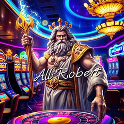 The Greek god of thunder, Zeus, depicted in a vibrant casino environment, surrounded by dazzling lights and glamorous decorations