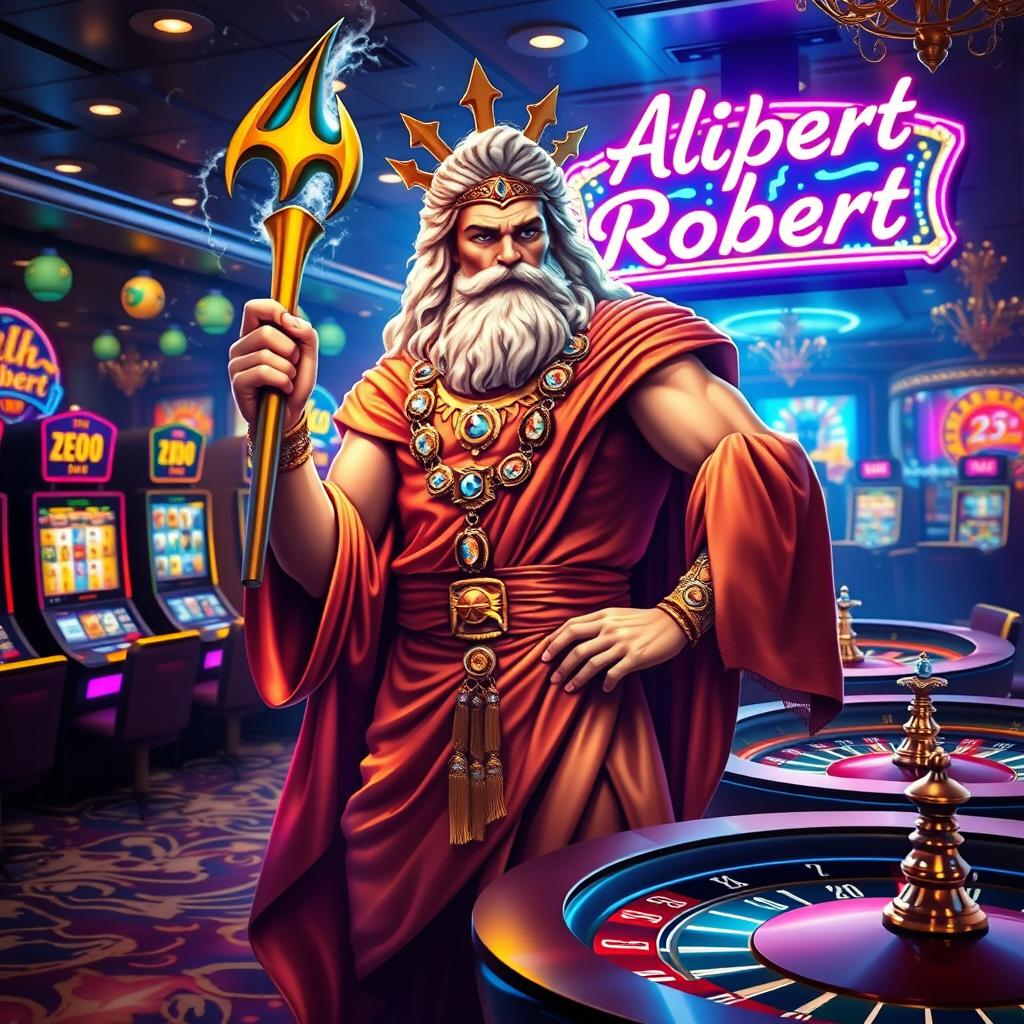 The Greek god of thunder, Zeus, depicted in a vibrant casino environment, surrounded by dazzling lights and glamorous decorations