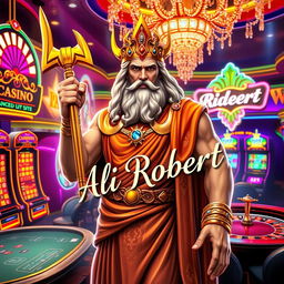 The Greek god of thunder, Zeus, depicted in a vibrant casino environment, surrounded by dazzling lights and glamorous decorations