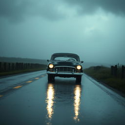 A classic old black car with large headlights and tinted windows driving on a deserted, rainy road that has a spooky atmosphere