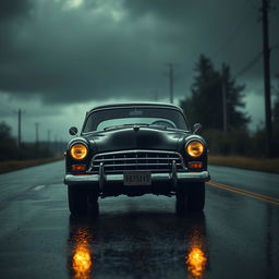 A classic old black car with large headlights and tinted windows driving on a deserted, rainy road that has a spooky atmosphere