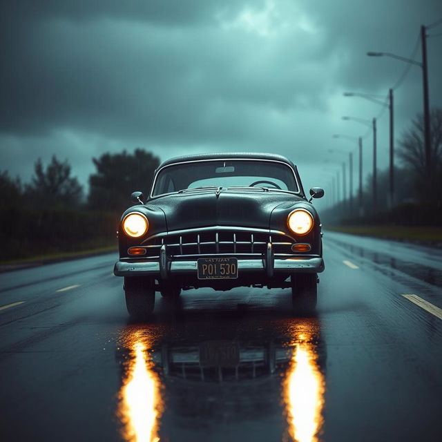 A classic old black car with large headlights and tinted windows driving on a deserted, rainy road that has a spooky atmosphere