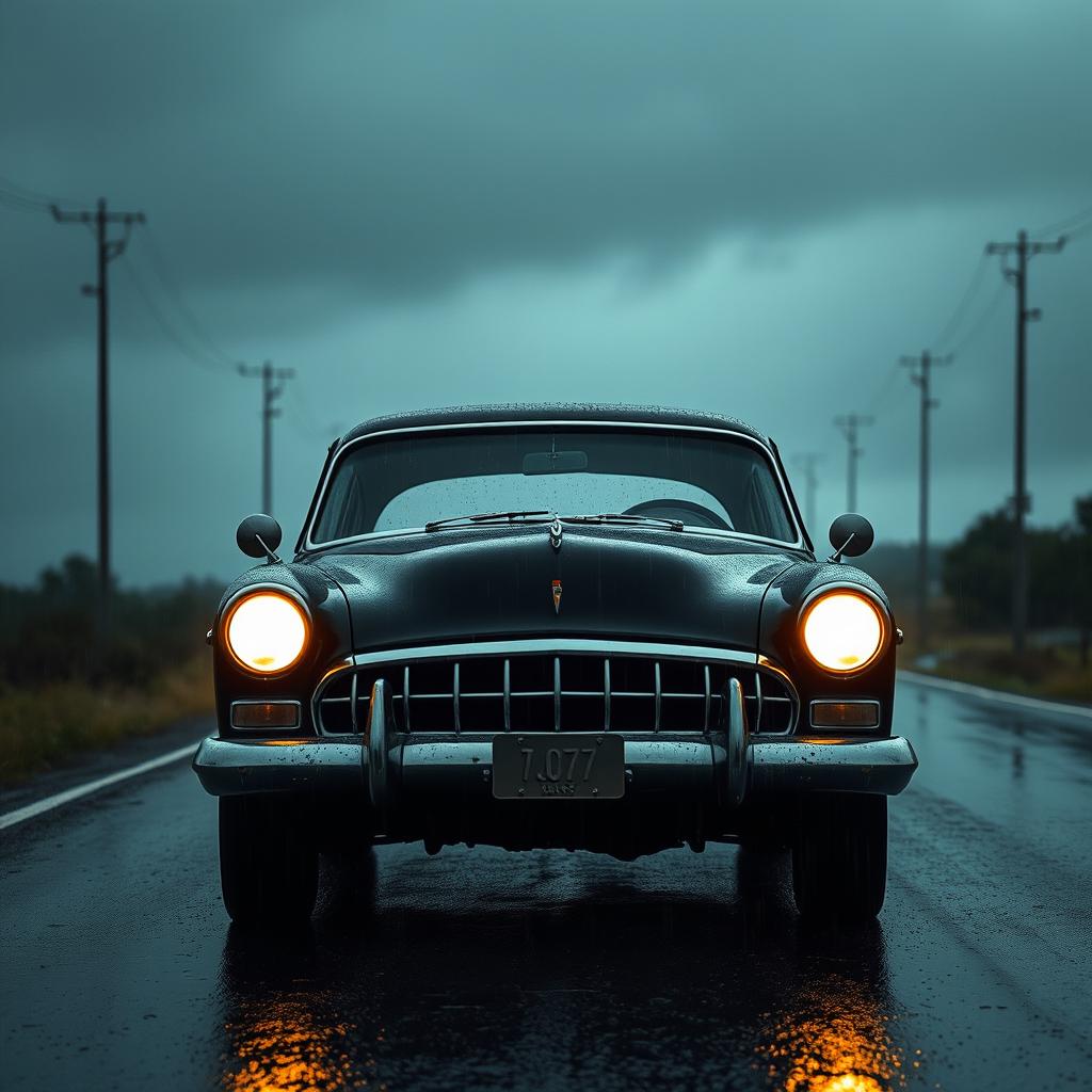 A classic old black car with large headlights and tinted windows driving on a deserted, rainy road that has a spooky atmosphere