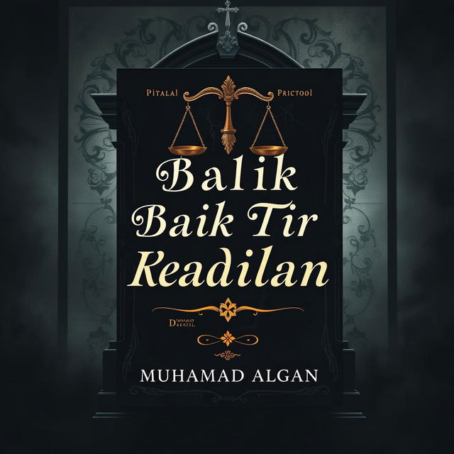 A complex and intricate book cover design for a legal novel titled 'Di Balik Tirai Keadilan' by Muhamad Algan