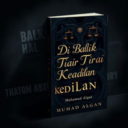 A complex and intricate book cover design for a legal novel titled 'Di Balik Tirai Keadilan' by Muhamad Algan