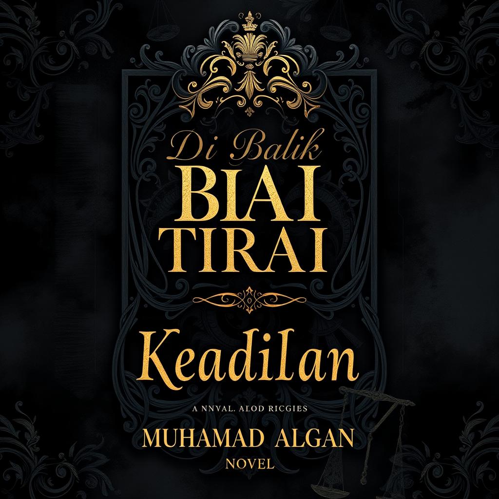 A complex and intricate book cover design for a legal novel titled 'Di Balik Tirai Keadilan' by Muhamad Algan