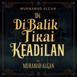 A complex and intricate book cover design for a legal novel titled 'Di Balik Tirai Keadilan' by Muhamad Algan