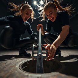 A close-up, extreme low-angle shot from the ground upwards, capturing two sweating, angry women with ponytails, both fit and strong, dressed in black turtlenecks and shiny black leggings