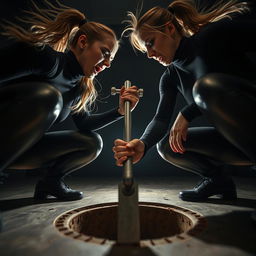 A close-up, extreme low-angle shot from the ground upwards, capturing two sweating, angry women with ponytails, both fit and strong, dressed in black turtlenecks and shiny black leggings