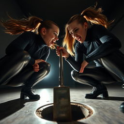 A close-up, extreme low-angle shot from the ground upwards, capturing two sweating, angry women with ponytails, both fit and strong, dressed in black turtlenecks and shiny black leggings