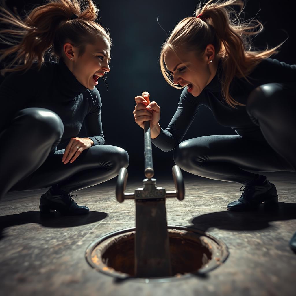 A close-up, extreme low-angle shot from the ground upwards, capturing two sweating, angry women with ponytails, both fit and strong, dressed in black turtlenecks and shiny black leggings