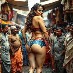 A superheroine inspired by Wonder Woman, wearing a strapless bikini that emphasizes her curvy figure, including a prominent backside