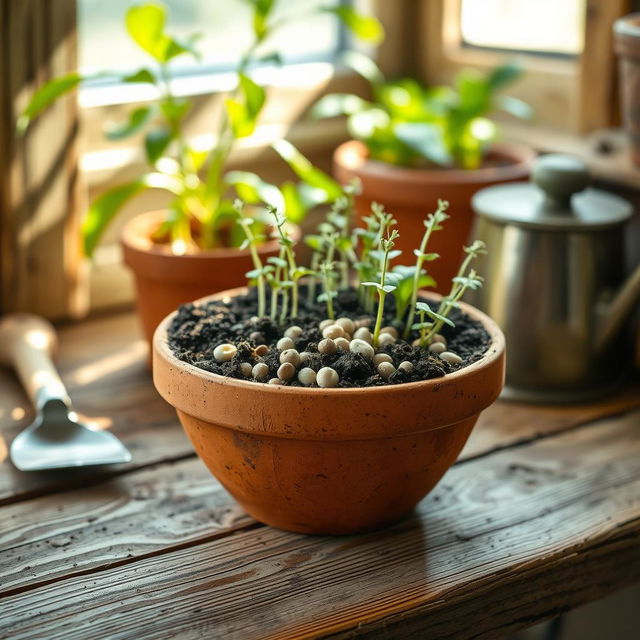 A cozy scene depicting a terracotta pot filled with various seeds, arranged artistically with soil peeking through