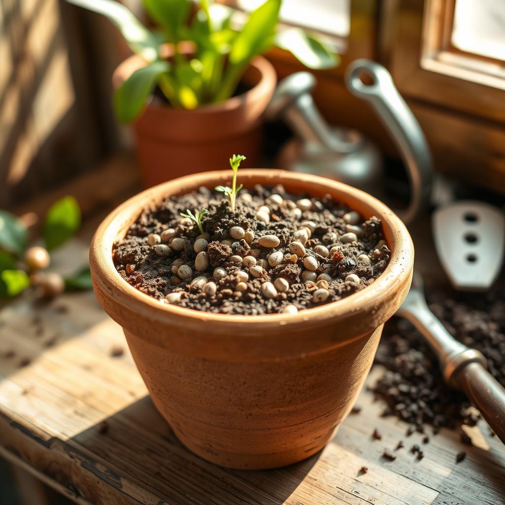 A cozy scene depicting a terracotta pot filled with various seeds, arranged artistically with soil peeking through