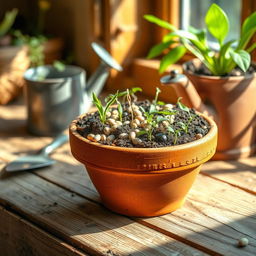 A cozy scene depicting a terracotta pot filled with various seeds, arranged artistically with soil peeking through