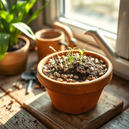 A cozy scene depicting a terracotta pot filled with various seeds, arranged artistically with soil peeking through