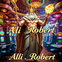 The Greek god of thunder, Zeus, standing proudly in an extravagant casino setting