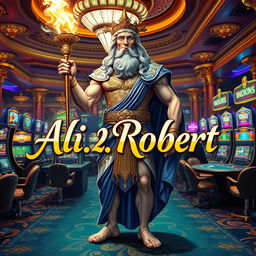 The Greek god of thunder, Zeus, standing proudly in an extravagant casino setting