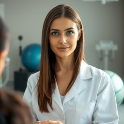 A female physiotherapist with straight brown hair and striking green eyes, representing the Turkmen race