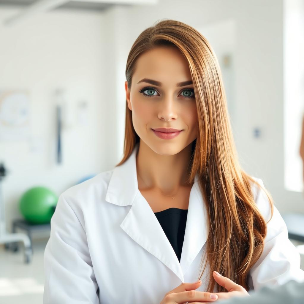 A female physiotherapist with straight brown hair and striking green eyes, representing the Turkmen race