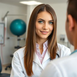 A female physiotherapist with straight brown hair and striking green eyes, representing the Turkmen race