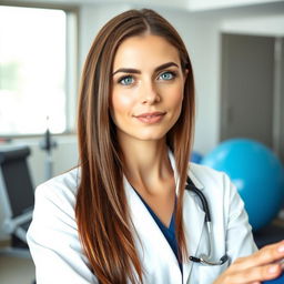 A female physiotherapist with straight brown hair and striking green eyes, representing the Turkmen race