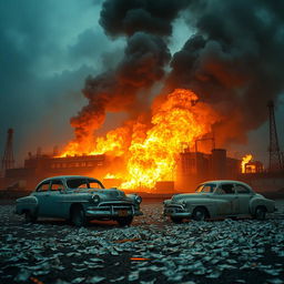A large, abandoned factory engulfed in flames, with thick, dark smoke billowing into the sky