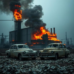 A large, abandoned factory engulfed in flames, with thick, dark smoke billowing into the sky